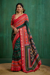 Green Velvet Tusser Silk Patola Print Ready to Wear Saree - Elegant & Stylish Fashion-RTW-4181